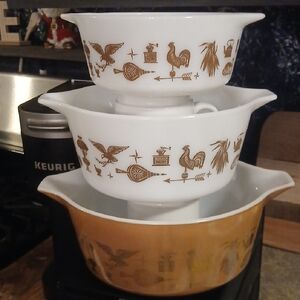 Pyrex Vintage White and Tan Mixing Bowl Trio